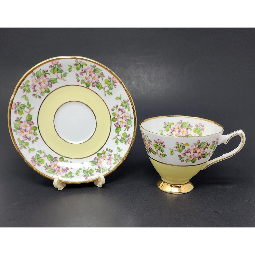 Vtg Clare England Bone China Tea Cup & Saucer Yellow with Pink Apple Blossoms